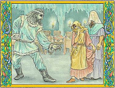 interior illustration: Thrym, the giant king Thor and Loki disguised as Freya and her maid servant
